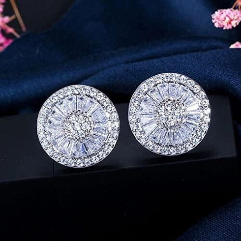 Baguette 18K White Gold Plated Round Cut Cubic Zircon Men Women Cluster Earrings